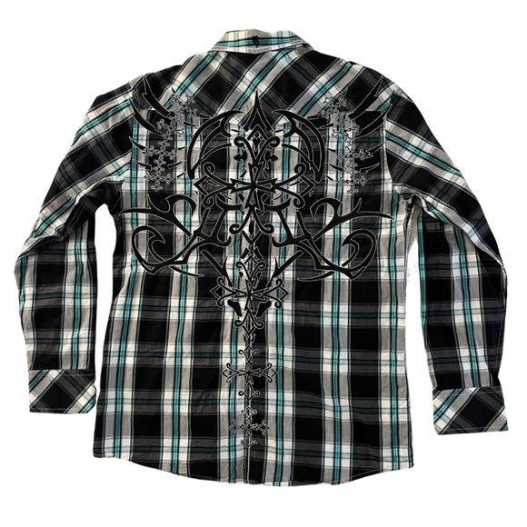 Roar Embroidered Blue & Black Plaid Button-Up shirt - men's large - Picture 2 of 10